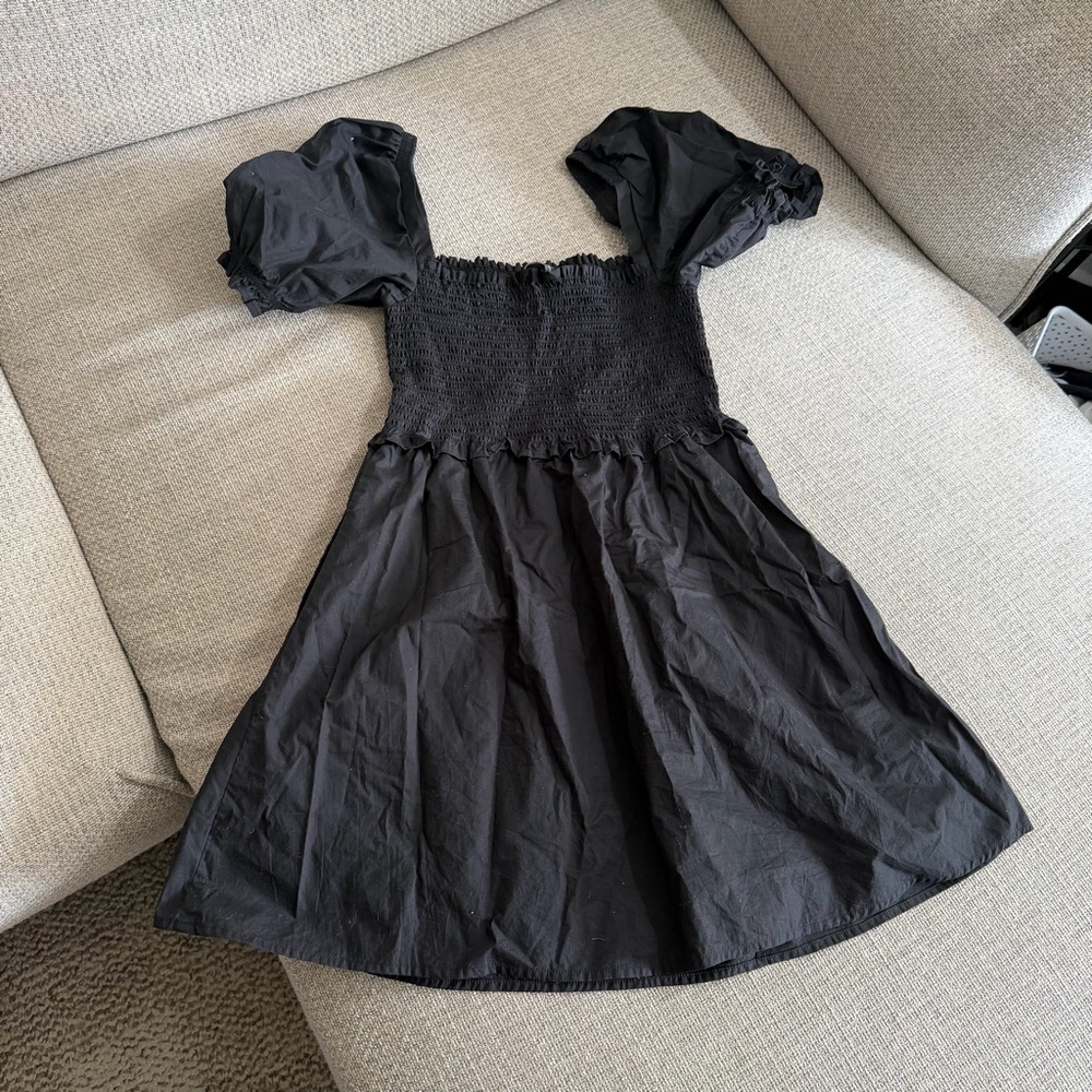 French Connection Black Smocked Puff-Sleeve Dress- 100% Cotton - Picture 2 of 10
